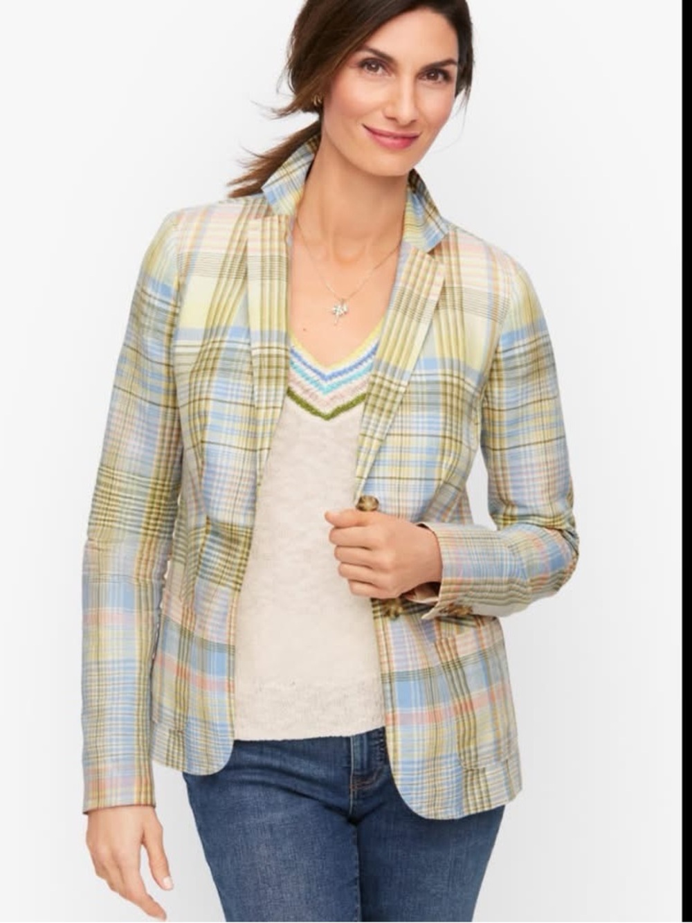 New Talbots plus 22W linen blend Pastel Plaid Tailored Blazer